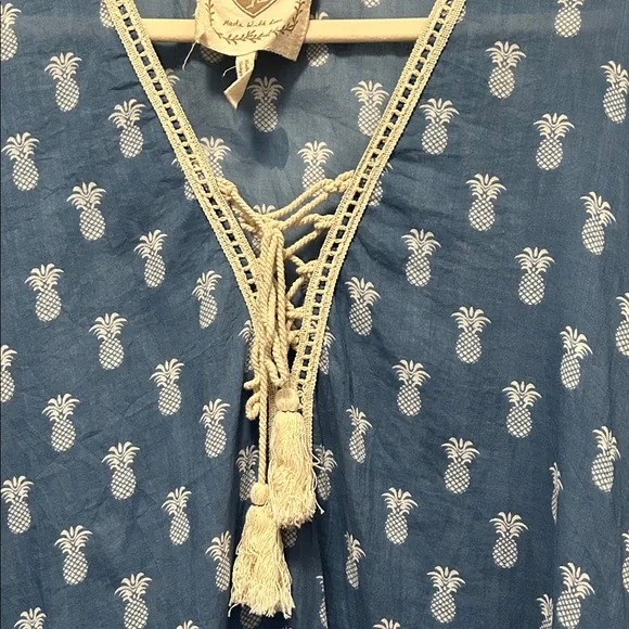 Z&L Coverup Women’s S/M Blue Pineapple Print Swim Bohemian Beach Resort Kaftan - Picture 3 of 14